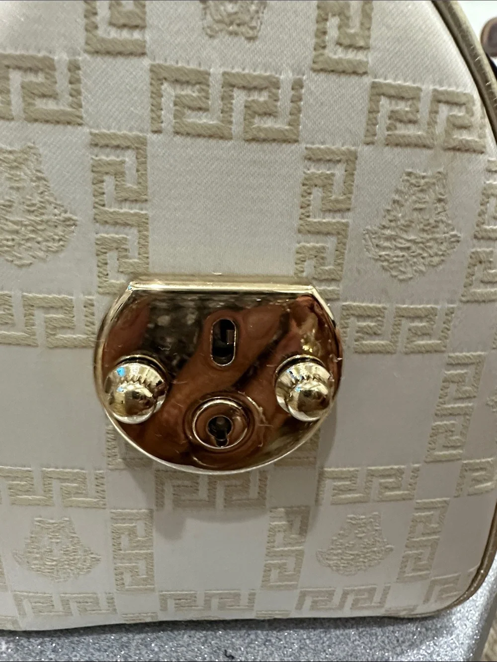 VERSACE Gold and Cream Logo Medusa & Greek key chain Satchel Handbag w/ lock-key